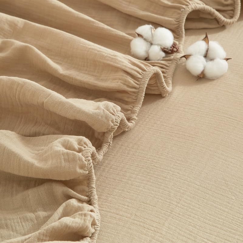 Gezu Muslin Spannbettlaken 140x200cm Khaki Taupe 100% Baumwolle aus aktmungsaktivem Material Temperaturregulierend Doppelte Muslin Bettlaken Spannbetttuch 140x200 für Hohe Matratze bis 15-30cm