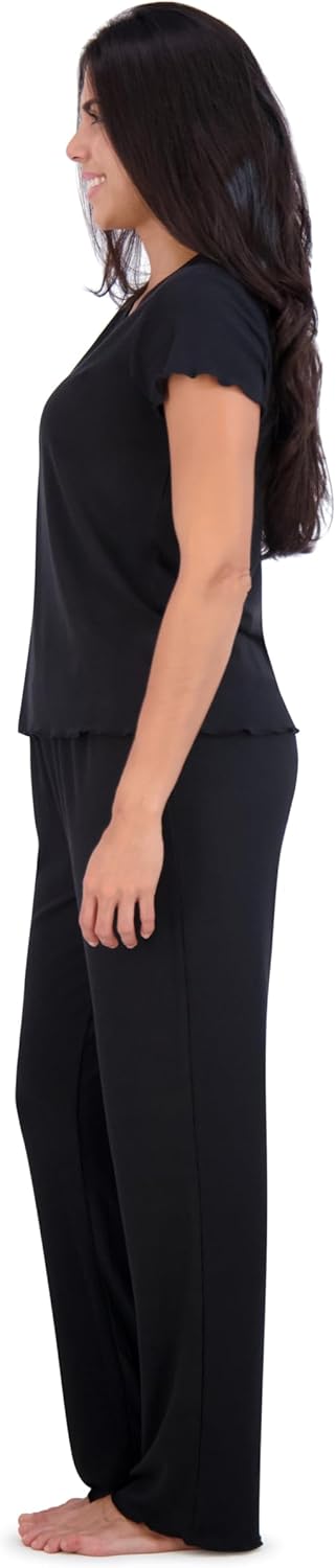 Aerosoles Women's Ribbed Henley Cozy Pjs 2 Piece Cozy Comfy Lounge Soft Cotton Sleepwear Button-up Pajama Set, Black, Large - Image 4