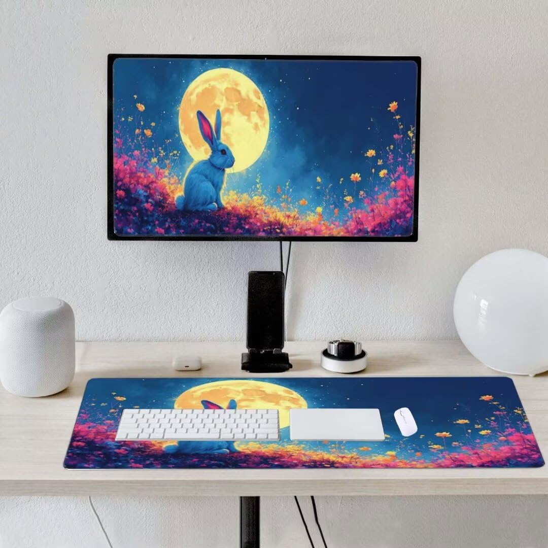 Alfombrilla de ratón 1400x600x3 MM, Alfombrilla Ratón XXL Extendida de Gran Tamaño con Bordes Cosidos, Base de Goma Antideslizante Almohadilla para Teclado, Conejo de la Luna S-12467