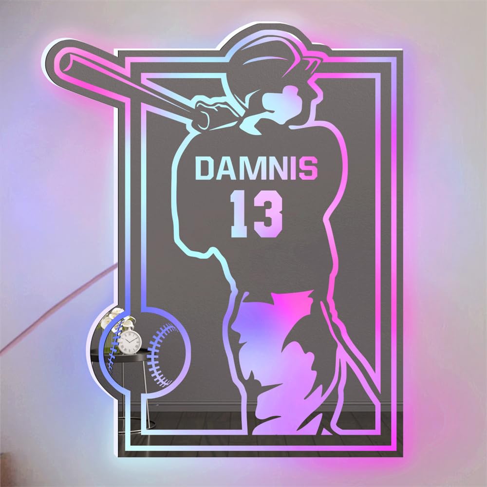 Personalized Baseball Player LED Mirror Light Up Sign, Custom Name & Number Neon Sign, Customized Light, Sports Decor, Christmas Birthday Gift for Men