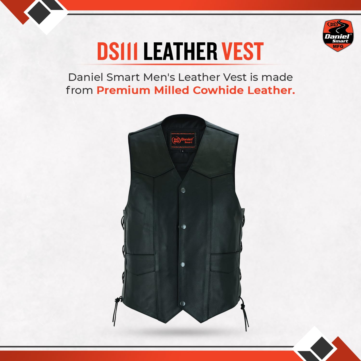 Daniel Smart Men’s leather Vest Premium Cowhide Motorcycle Leather Vest with Lace up sides - Unique Design & Armory Pockets