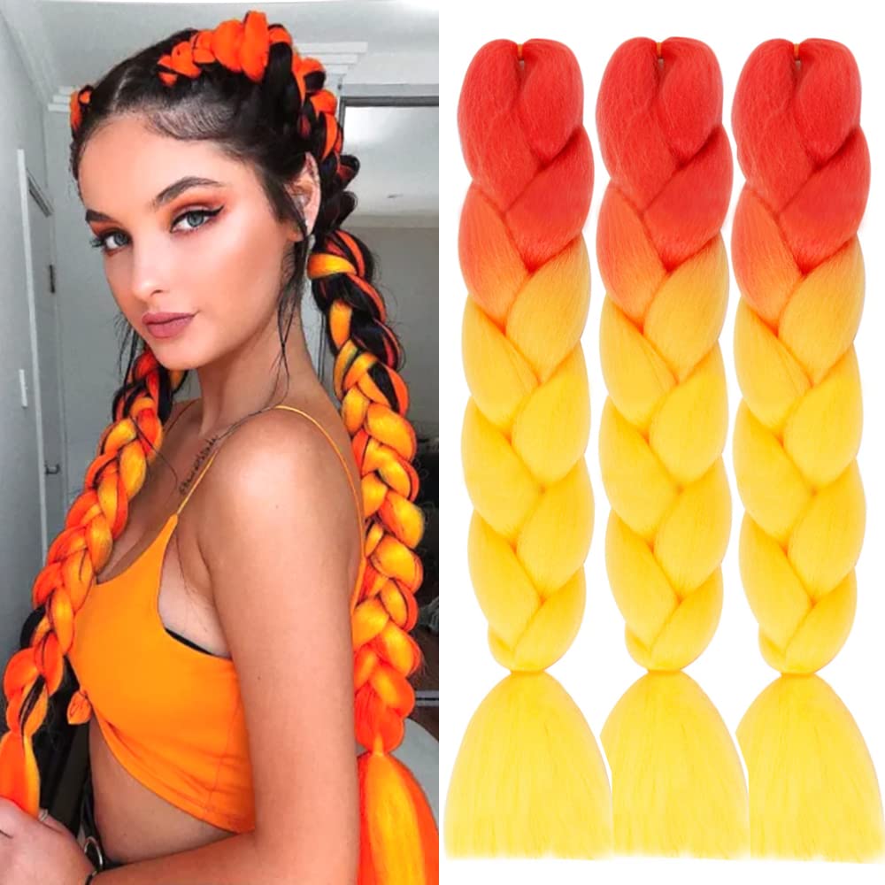 Colorfulpanda Kanekalon Extensiones de Pelo Trenzas Africanas, 24" Pelo Trenzas Africanas Extensiones, 3 Pc Pelo Sintetico Trenzas de Pelo Trenzas Africanas Extensiones naranja a amarillo neón