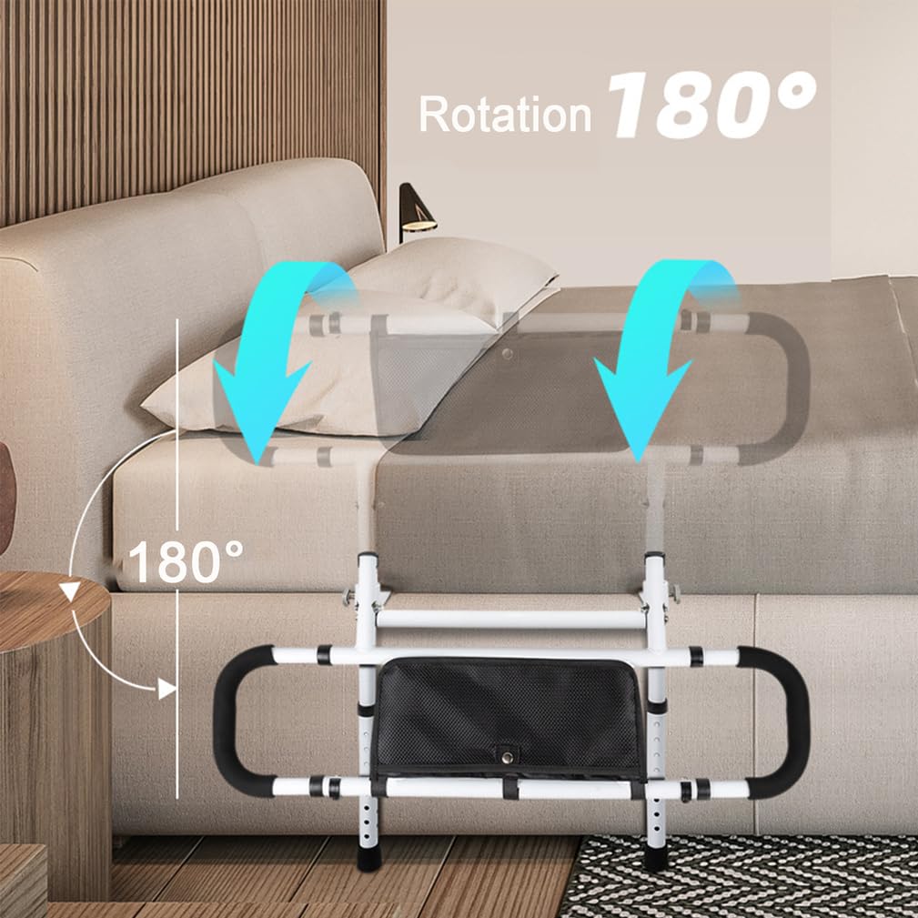 Rieles De Cama para Adultos Mayores De Seguridad con Bolsa De Almacenamiento, Barandillas Retráctiles Y Plegables para Cama para Personas Mayores,Negro