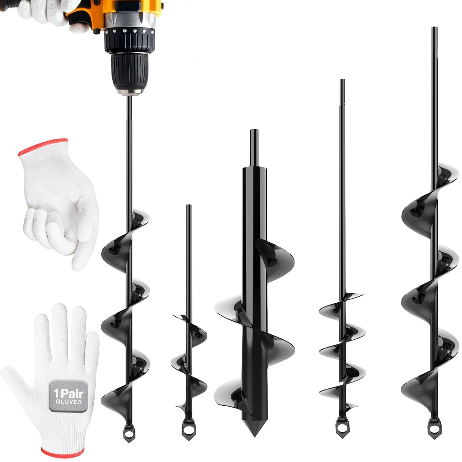 4pk Auger Drill Bit for Planting with Gloves - Heavy Duty Garden Spiral and Bulb Planter Tool for Digging Holes - Compatible with 3/8 Inch Hex Drive (