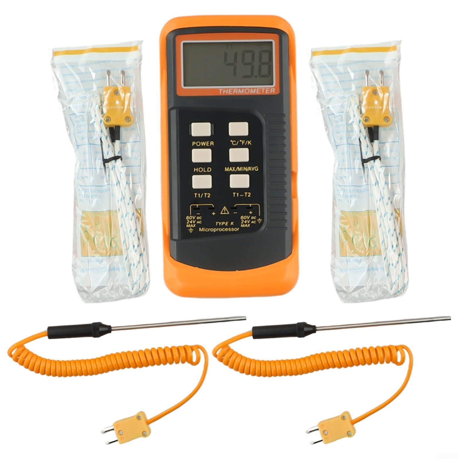 Termometro digitale a doppio canale K 6802 II con 4 sonde per misurazione della temperatura BGA HVAC da -50 °C a 1300 °C, doppio ingresso T1/T2, monitoraggio con display LCD e conservazione