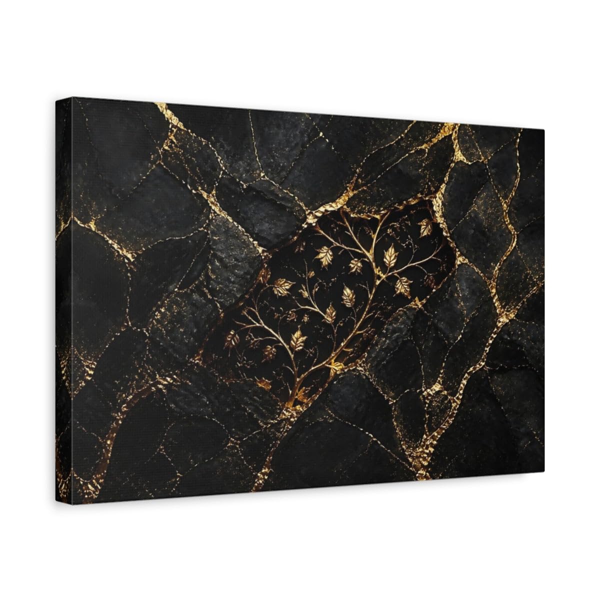Golden Vine On Black Marble Canvas Print – Living Room, Above Fireplace, & Gold 18×12 inch (45×30 cm) - Horizontal / 1.25 inch (3 cm)