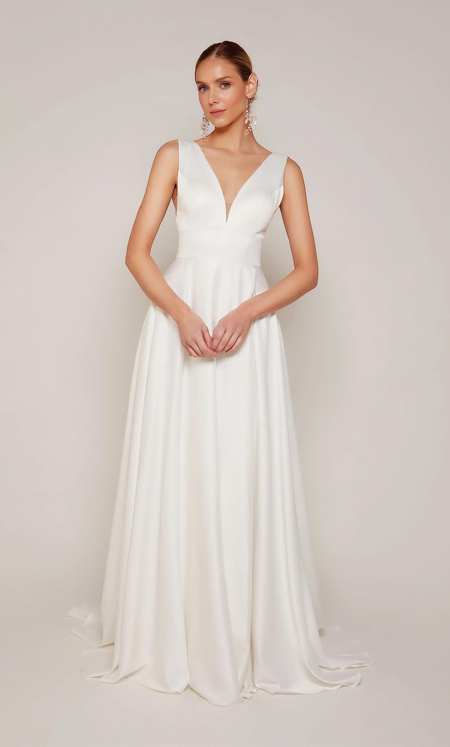 Abito da Sposa Abiti da Sposa Manica Lunga Scollatura a V Ufficio Civile Moda Sposa Abiti da Sposa, Bianco 17, 34