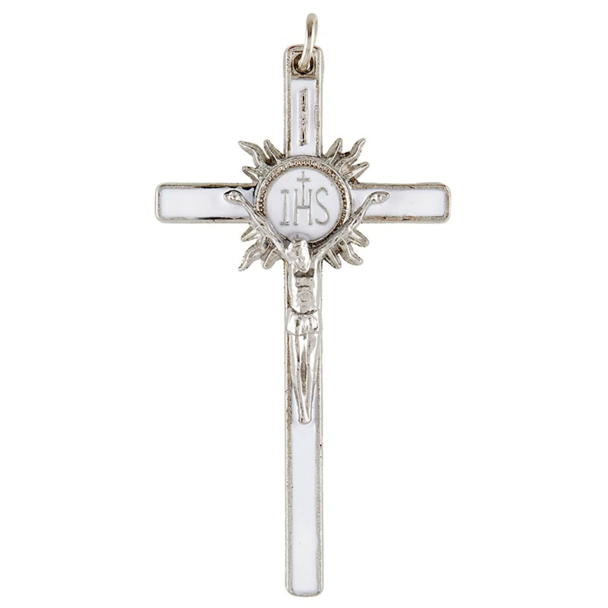 Needzo First Communion Cross Pendant Gift for Girls, Silver Tone Crucifix with White Enamel Detail, 2.25 Inches, Zinc Enamel, No Gemstone