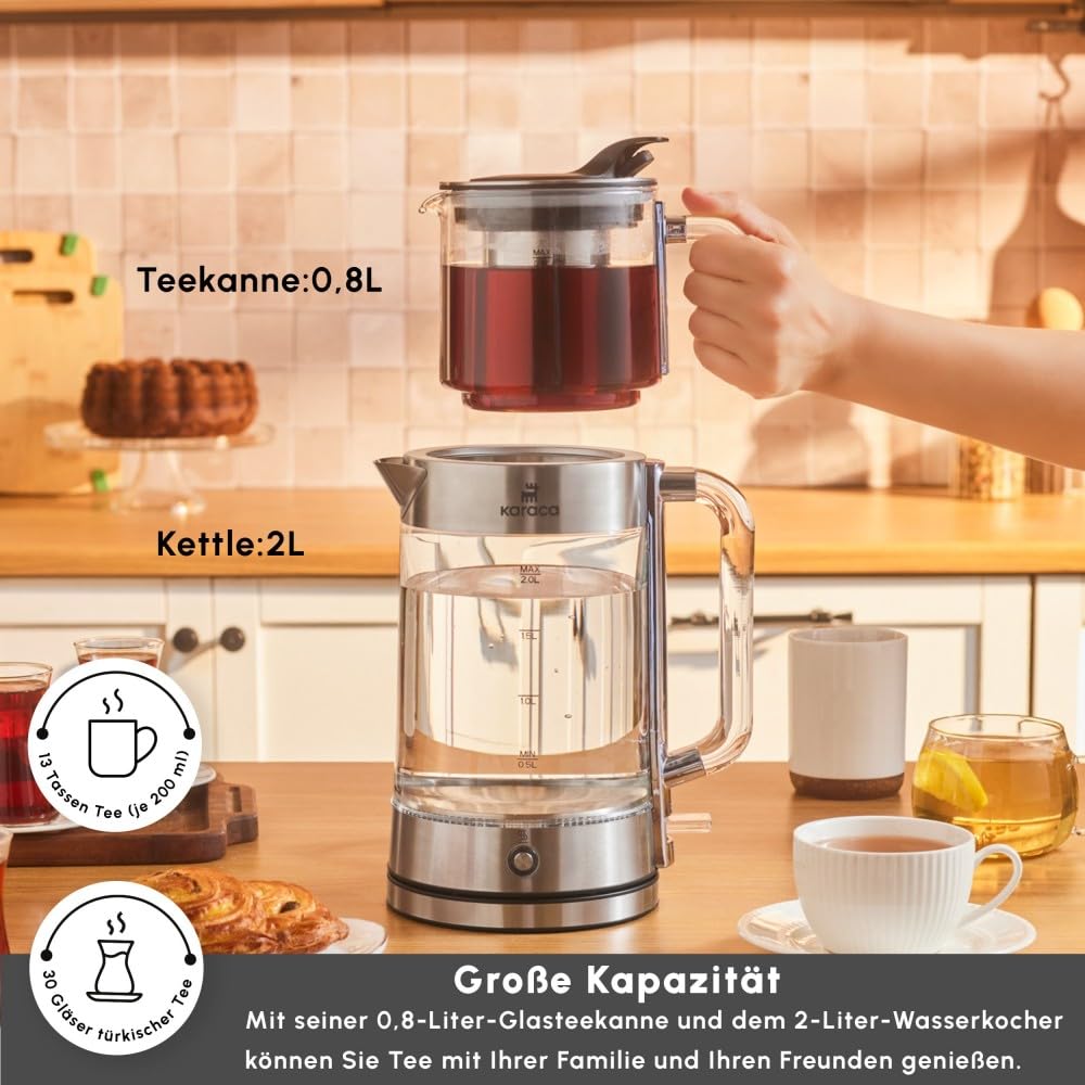 Karaca Luma Glas-Teemaschine, 2200W – 0,8L Teekanne & 2L Wasserkocher, Warmhaltefunktion, LED-Beleuchtung, 30 Gläser/13 Tassen Kapazität, Glasdesign mit Griffen