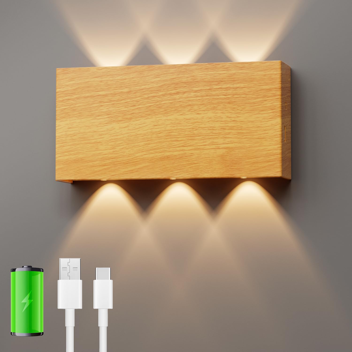Luz de Pared de Interior, Lamparas Pared Sin Cable con Carga USB, 3 Colores Lampara de Pared Magnetica, Control Táctil Regulación Continua Aplique Pared Interior, 5200 mAh, Color Madera (Sin sensores)