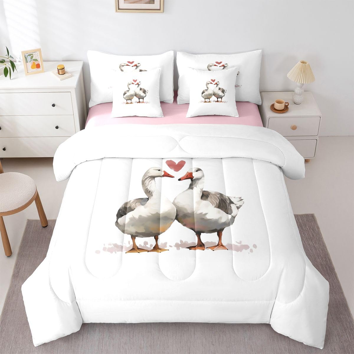 Erosebridal Geese Valentine 7 Pcs Bedding Set King Size Cartoon Ducks Comforter Set for Girls Kids Goose Duck Couple Decor Quilt Set Kawaii Farm Animals Bed in A Bag with Flat and Fitted Sheet