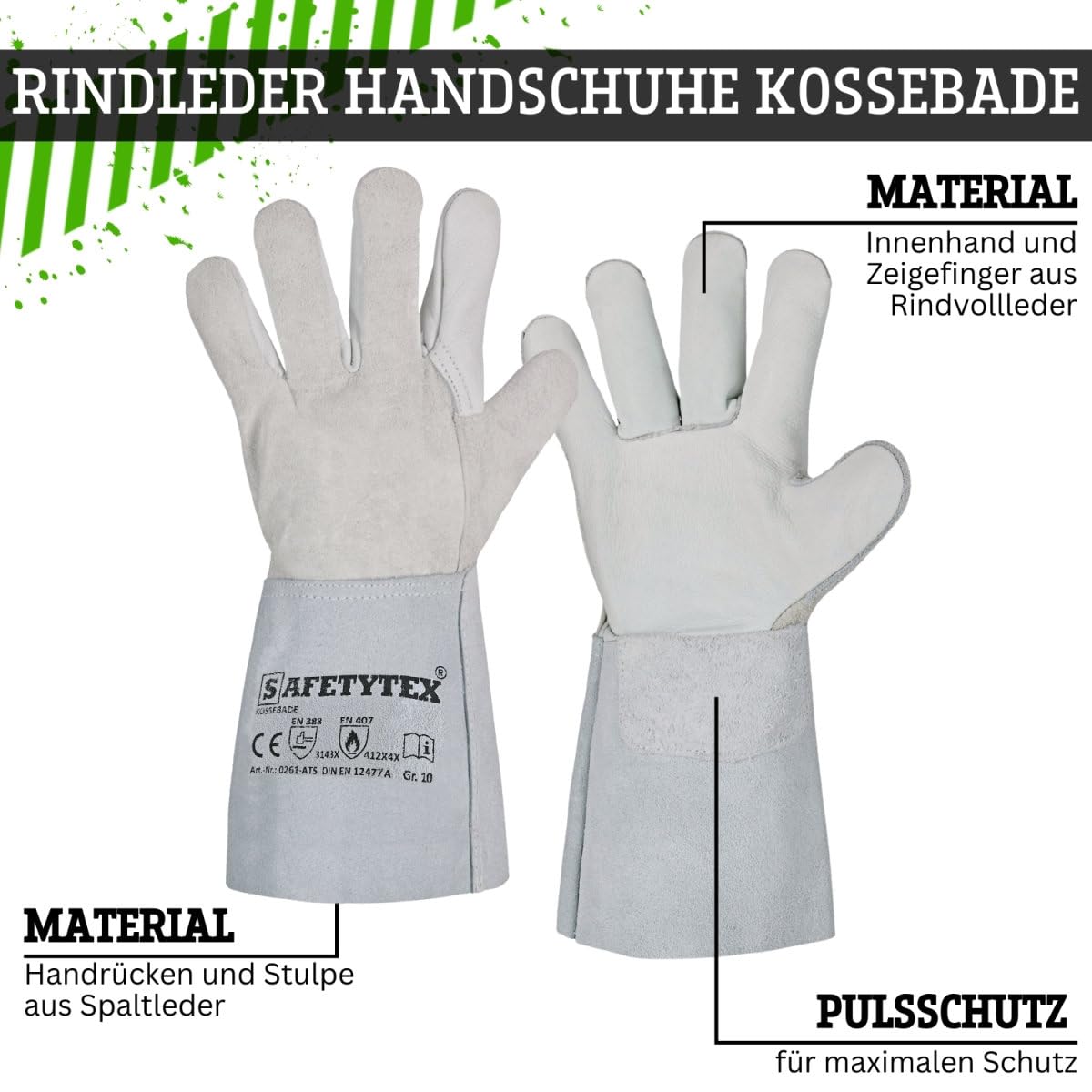 Safetytex Rindleder Handschuhe KOSSEBADE - Schweißerhandschuhe aus Rindvollleder & Spaltleder - Schutz vor Hitze, Funken & mechanischen Einflüssen - Größen: 10,5 12 Stück