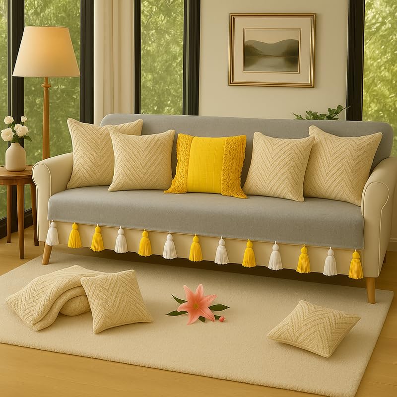 WWW.THROWPILLOW.IN Grey Tassel Sofa Cover 3-Seater Fully Covered |Anti Slip Couch Cover|Tassel Sofa Throws for 3Seater |Aesthetic 3 Seater Sofacovers with Tassels |Back & Seat Slipcover Sofa Runner-image-17