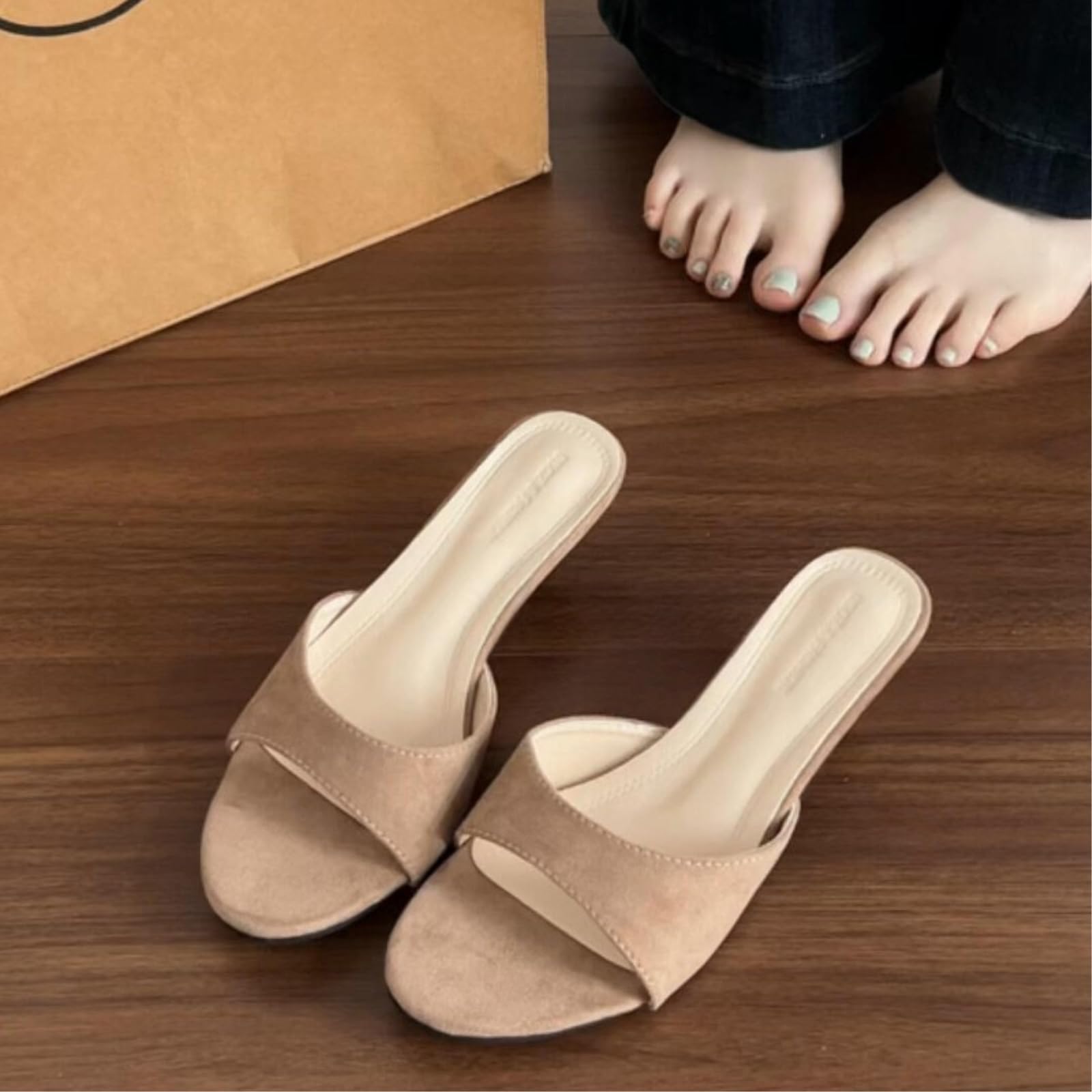 Damskie kapcie mule obcas kotek z rumianku, ślizganie się po slajdach eleganckie na co dzień, letnie wakacje plaża impreza sukienka buty dla kobiet-apricot-39