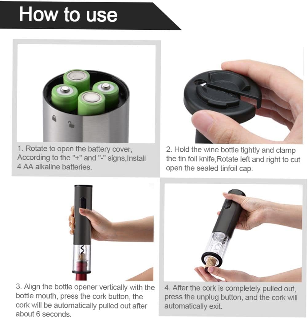 Electric Wine Opener Set, Automatic Wine Bottle Opener Bottle Opener with Foil Cutter Reusable Wine Opener Wine Bottle Opener for for Home, Kitchen, Party and Bar Wine Lovers Gift (Black)