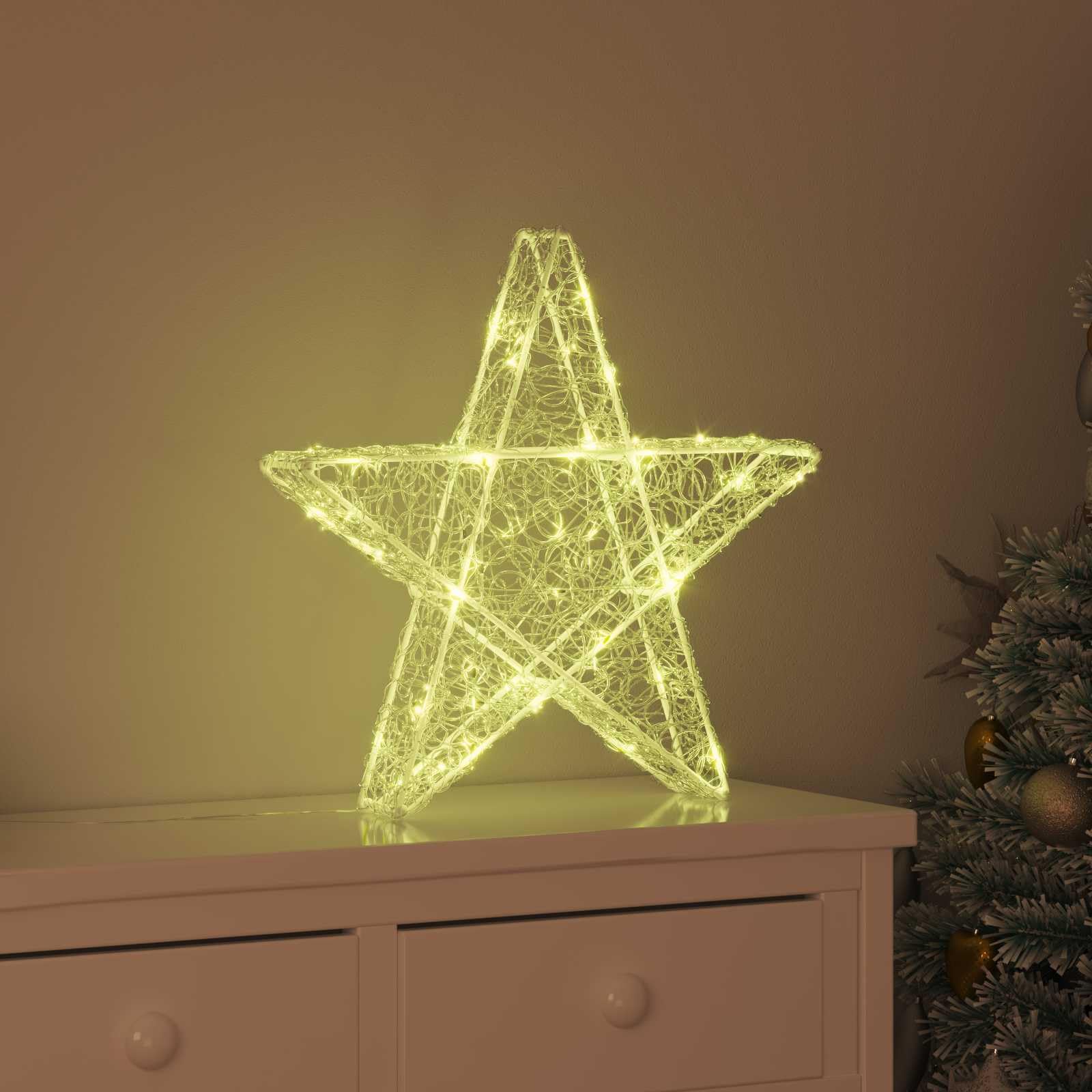Gwiazda 3D z 50 diodami LED, ciepła biel, akrylowa ozdoba choinkowa, 55 x 53,5 x 10 cm, do salonu, dekoracja adwentowa, ozdoba choinkowa, ornament, świąteczne oświetlenie