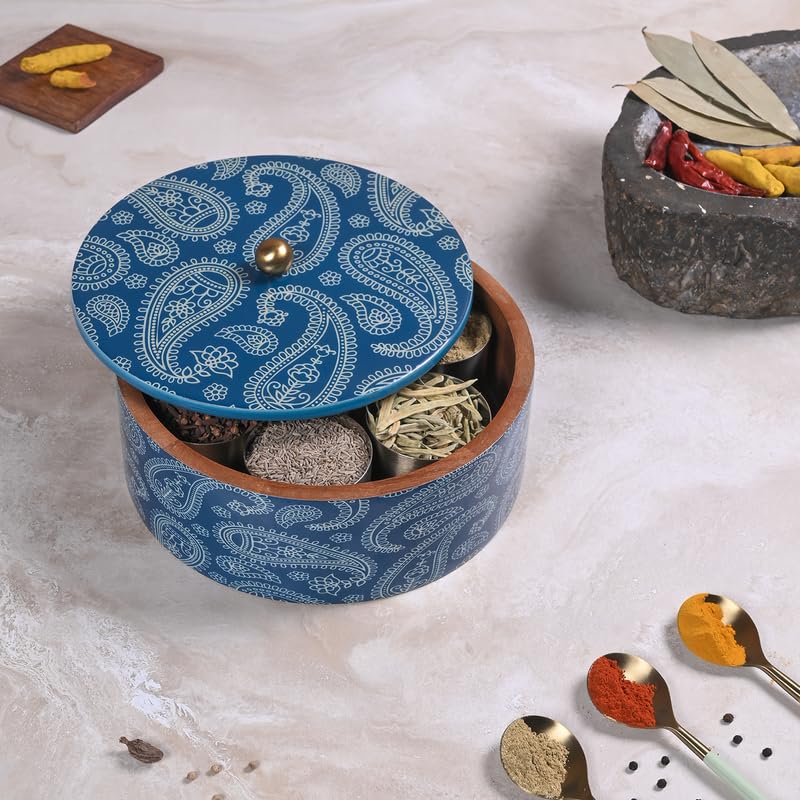 Image of Wooden Masala Box for Kitchen - 7 Stainless Steel Jars with Wooden Spoon | Stainless Steel Brass Lid with Knob | Multipurpose Dry Fruit & Spice Storage - Blue (Printed)