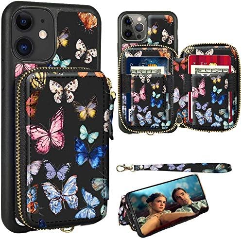 ZVE iPhone 12 Wallet Case Compatible with 12 Pro Case with Wallet Credit Card Holder Slot Zipper Wrist Strap Purse Leather for ZVE iPhone 12 Pro/iPhone 12, 6.1 inch - Colorful Butterfly