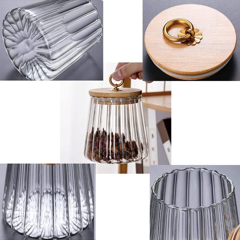 Miniatura 4 de Recipiente de vidrio para frutos secos, recipiente hermético con forma de pétalo con tapa de bambú, mango de metal, tarros de boticario para