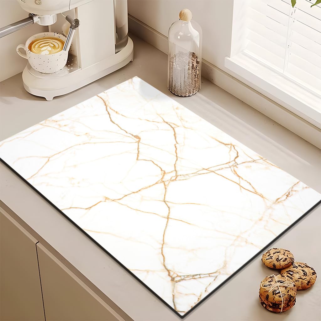 Hixingo Non Slip Absorbent Diatomaceous Earth Coffee Machine Drying Mat for Kitchen Counter, Heat Resistant Simple Marble Dish Drainer Mat (40x50cm,White Gold Marble)