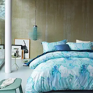 MILDLY 100% Long-Staple Cotton Duvet Cover Set Aqua Watercolor Marble Pattern Printed Comforter Cover 3pcs, Ultra Soft & Breathable Bedding Set