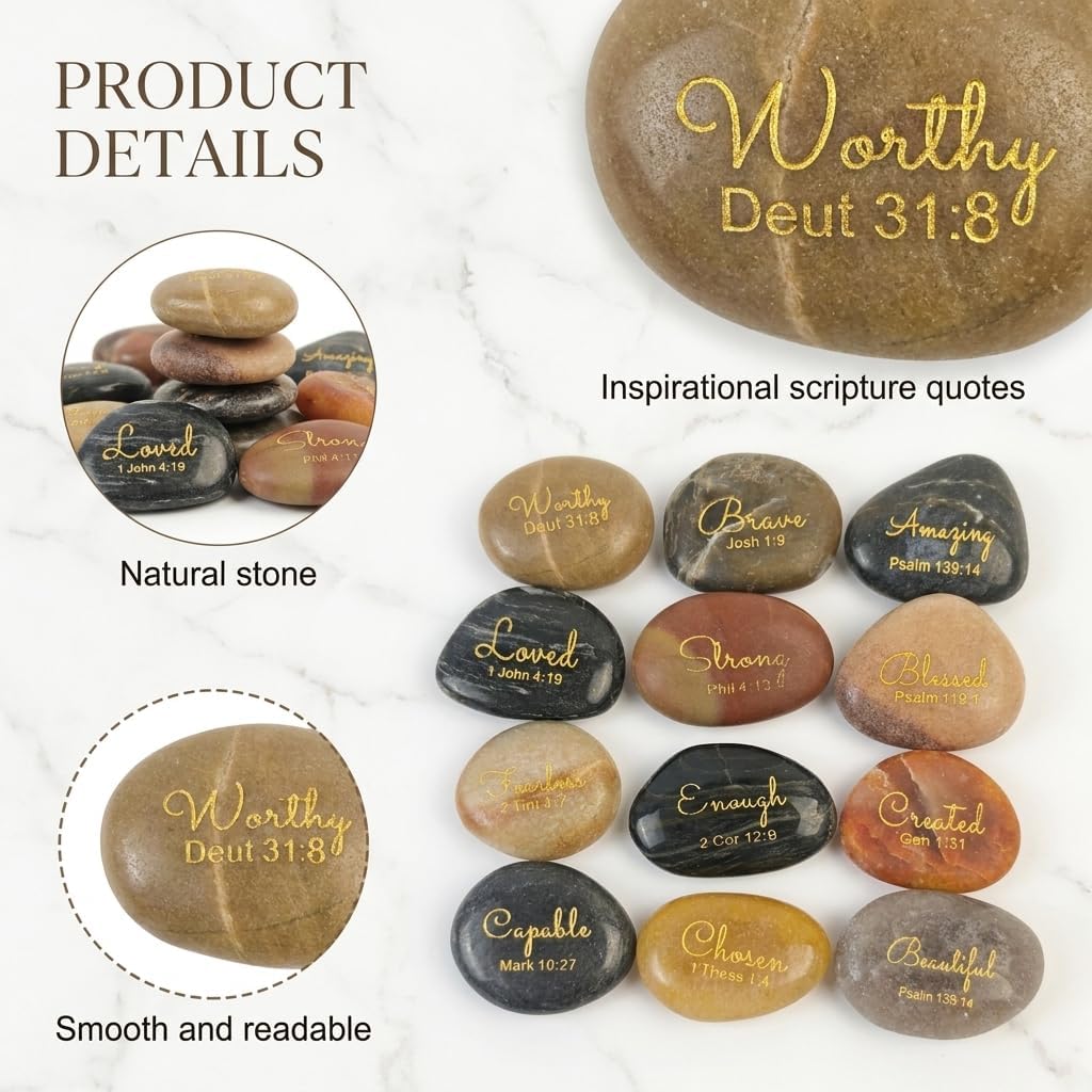 12Pcs Christian Inspirational Rocks Bible Verses Scripture Engraved Stones | Encouragement Scripture Stones with Inspiring Prayer Word for Church Meditation Bible Study Friends Gifts Home Decor