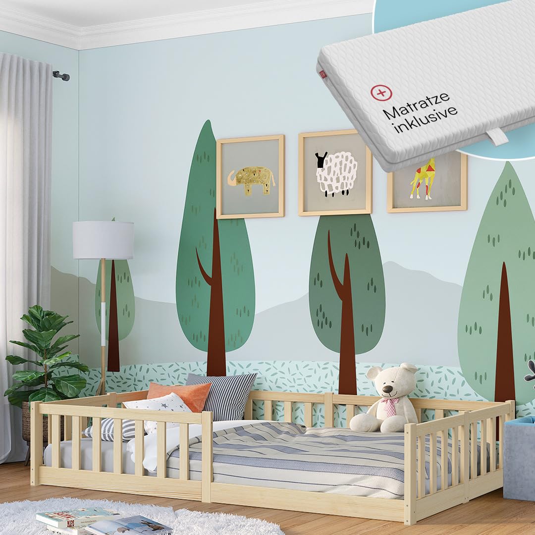Bellabino Vere Bodenbett 120x200 cm – Montessori Kinderbett mit Matratze, Rausfallschutz & Lattenrost – Jungen & Mädchen Kinder Bett aus Holz Kiefer – Kleinkindbett in Natur