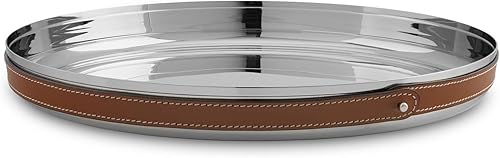 Miniatura 2 de Nambe Bandeja de barra Tahoe | Bandeja organizadora de acero inoxidable con bordes elevados y acento de cuero | Bandeja decorativa redonda de metal
