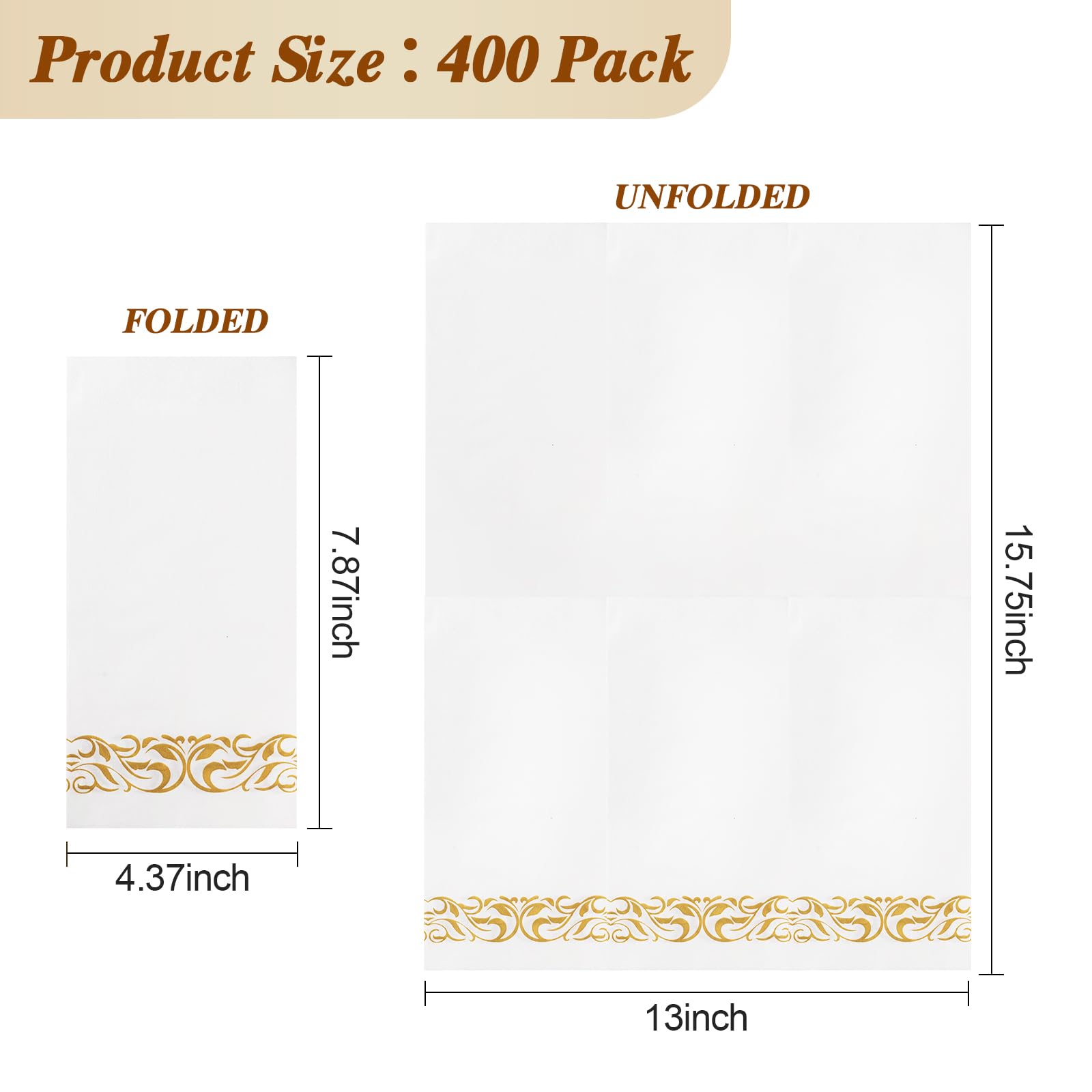 BESTVIP Paquete de 400 servilletas de papel desechables, servilletas de cena de 3 capas con ribete dorado, servilletas de baño suaves para invitados, servilletas absorbentes de fiesta, servilletas de