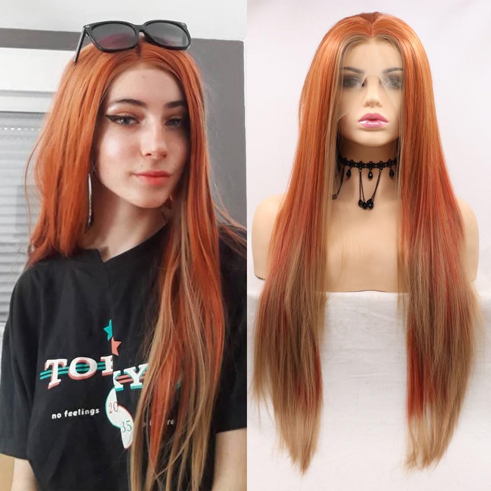Xiweiya 13x3 Lace Wigs Ginger Orange Ombre Blonde Brown Hair Tips Long Wavy Synthetic Lace Front Wig Natural Hairline Wig for Fashion Women Wear Heat Resistant Fiber Halloween Cosplay Wigs