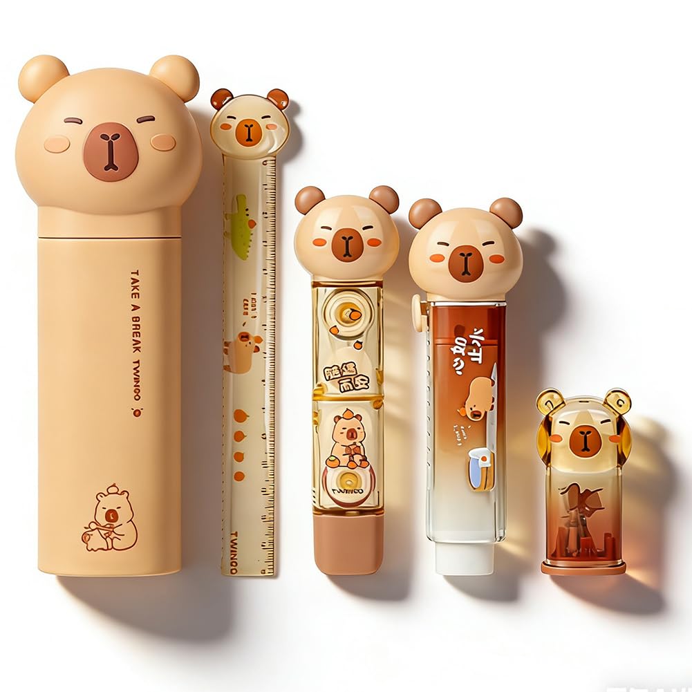 Kawaii Stationary Set, Capybara Stationery, Cute Capybara Supplies, Pencil Sharpener, Ruler, Eraser, Pencil Case for Cat Lovers Office School Home Writing and Correction Suppl(Brown)