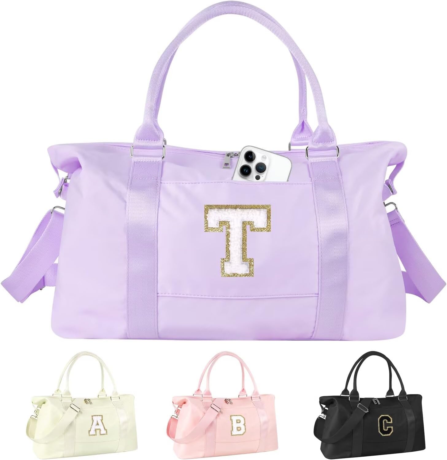 Dance Gym Duffel Bag for Teen Girls, Personalized Initial Travel Weekender Bag,Cute Overnight Carry On Duffle for Women,Sports Travel Cheer Bag,Monogram Christmas Gifts for Tween Preppy(purple-T)