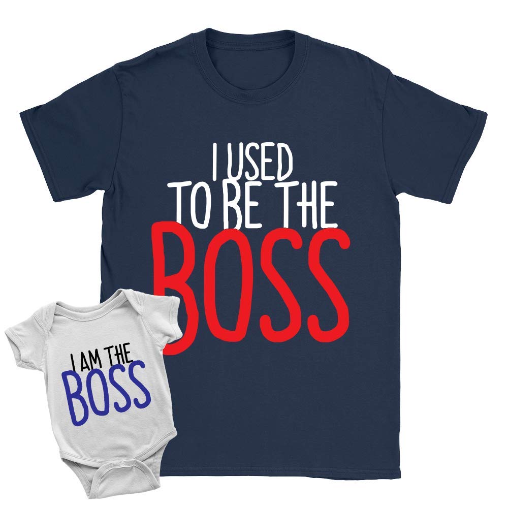 Old Boss + New Boss Duo Babygrow and T-Shirt 6-12m Babygrow | Medium T-Shirt White + Navy New Baby Arrival Father Gift Xmas