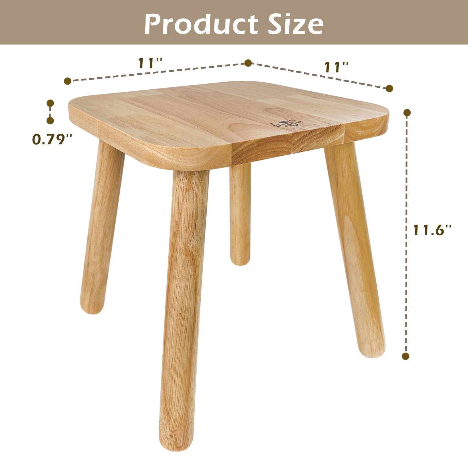 BEE&OAK Wooden Step Stools for Kids and Adults, Solid Rubber Wood Non-Slip Step Foot Stool, Heavy Duty 300 lbs One Step Stool for Bedroom, Bathroom, Kitchen (Pink, 9.25" (D) x 9.25"(W) x 8.86"(H)): Natural 11" (D) x 11"(W) x 11.8"(H)