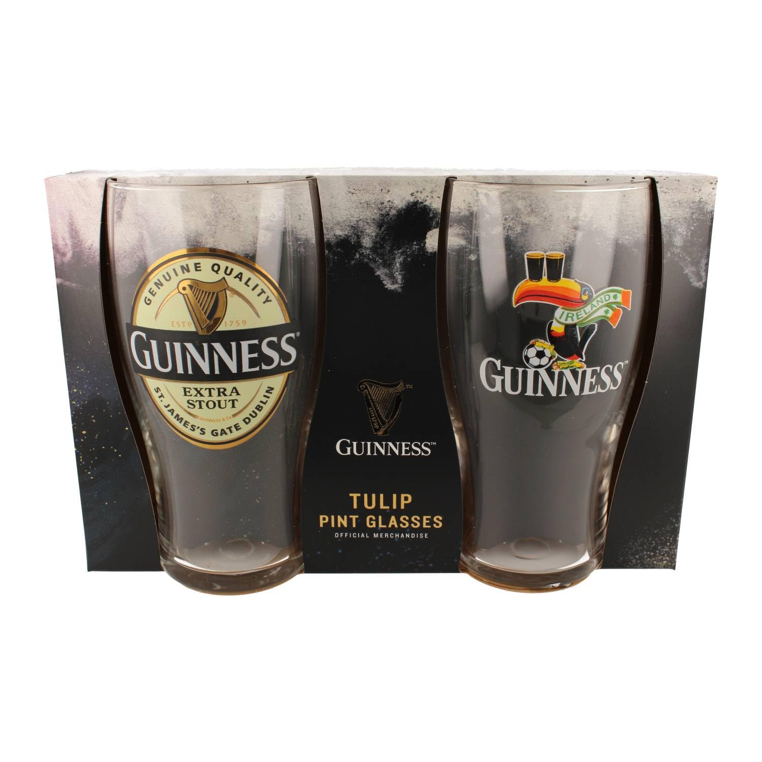 Guinness Official Pint Glass Gift Set – Extra Stout & Football Toucan – Black Sleeve Edition – Set of 2 Pint Glasses