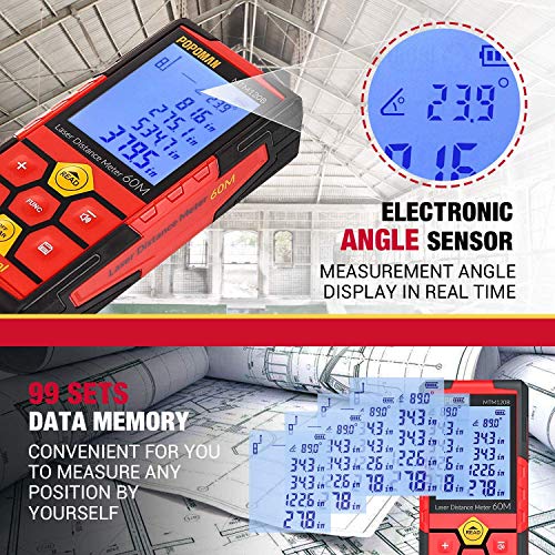 Laser Measure, 196Ft USB Rechargeable POPOMAN Laser Distance Meters with Electronic Angle Sensor, Mute Function, Measure Distance, Area and Volume, Pythagoras - MTM120B