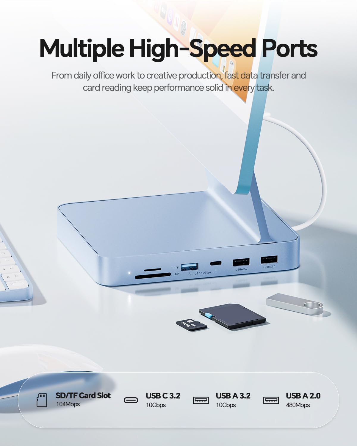 USB C HUB do iMac 24" 2021/2023/2024,7 W 1 koncentrator USB do iMac M1/M3/M4, akcesoria iMac z USB C 10 Gbps, 3 x USB A, czytnik kart SD/TF, obsługa rozszerzenia dysków SSD M.2 NVME (nie
