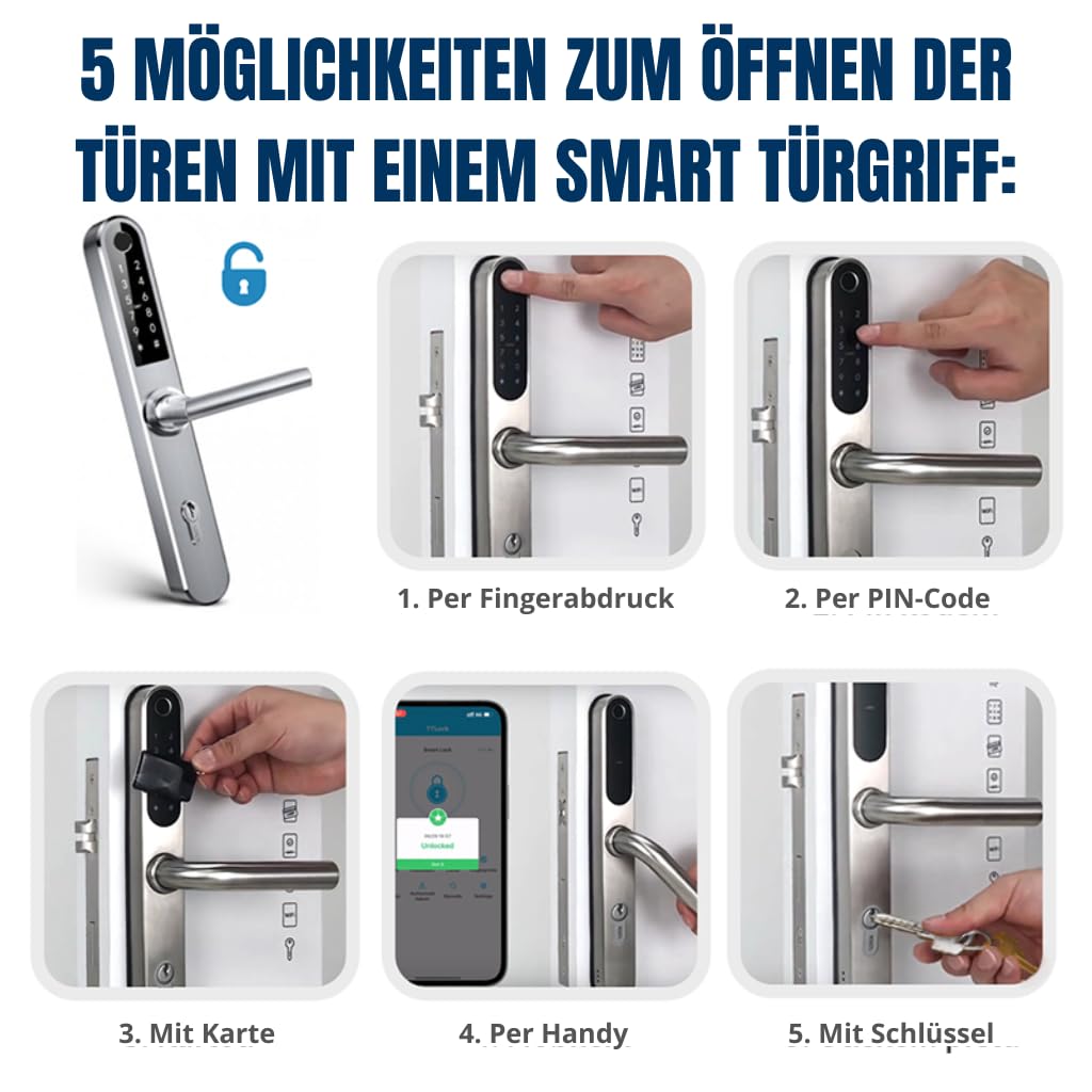 Elektronisches Türschloss SMART Lock Doorknob - 72 mm | 5 Entsperrmethoden: Smartphone, Fingerabdruck, PIN, RFID, Schlüssel; Fernsteuerung per Tuya-App von überall möglich