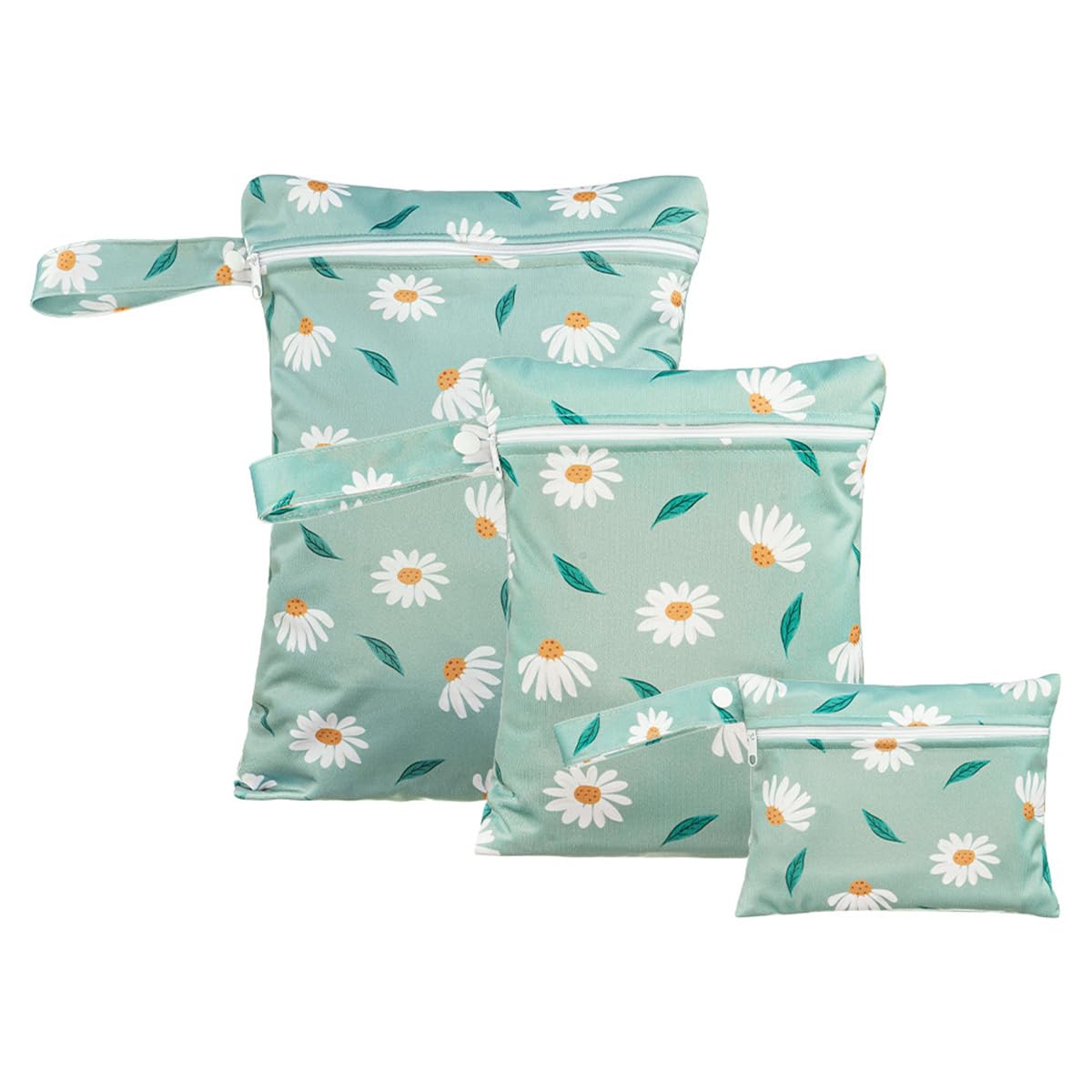 Treer 3 PCS Wet Bags Baby Cloth Nappy Wet Bag, Elegant Chic Print Waterproof Reusable Diaper Bags with Zipper, Wet Dry Organizer Bag for Swimming, Baby Diaper, Travel Beach (Green Daisy)