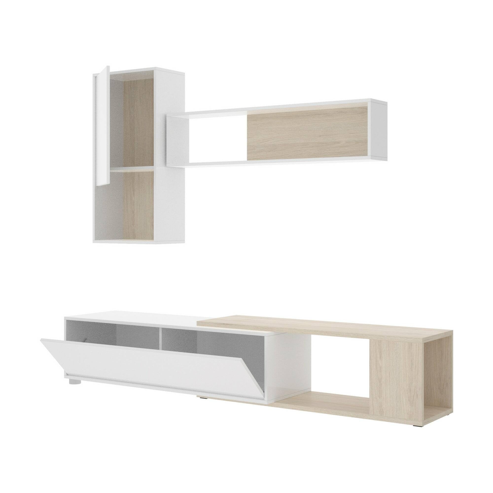 Dmora - Wohnwand Denali, modulares Eck-Wohnzimmerset, Multipositions-Wohnzimmermöbel, 230 x 41 x 180 cm, Weiß und Eiche