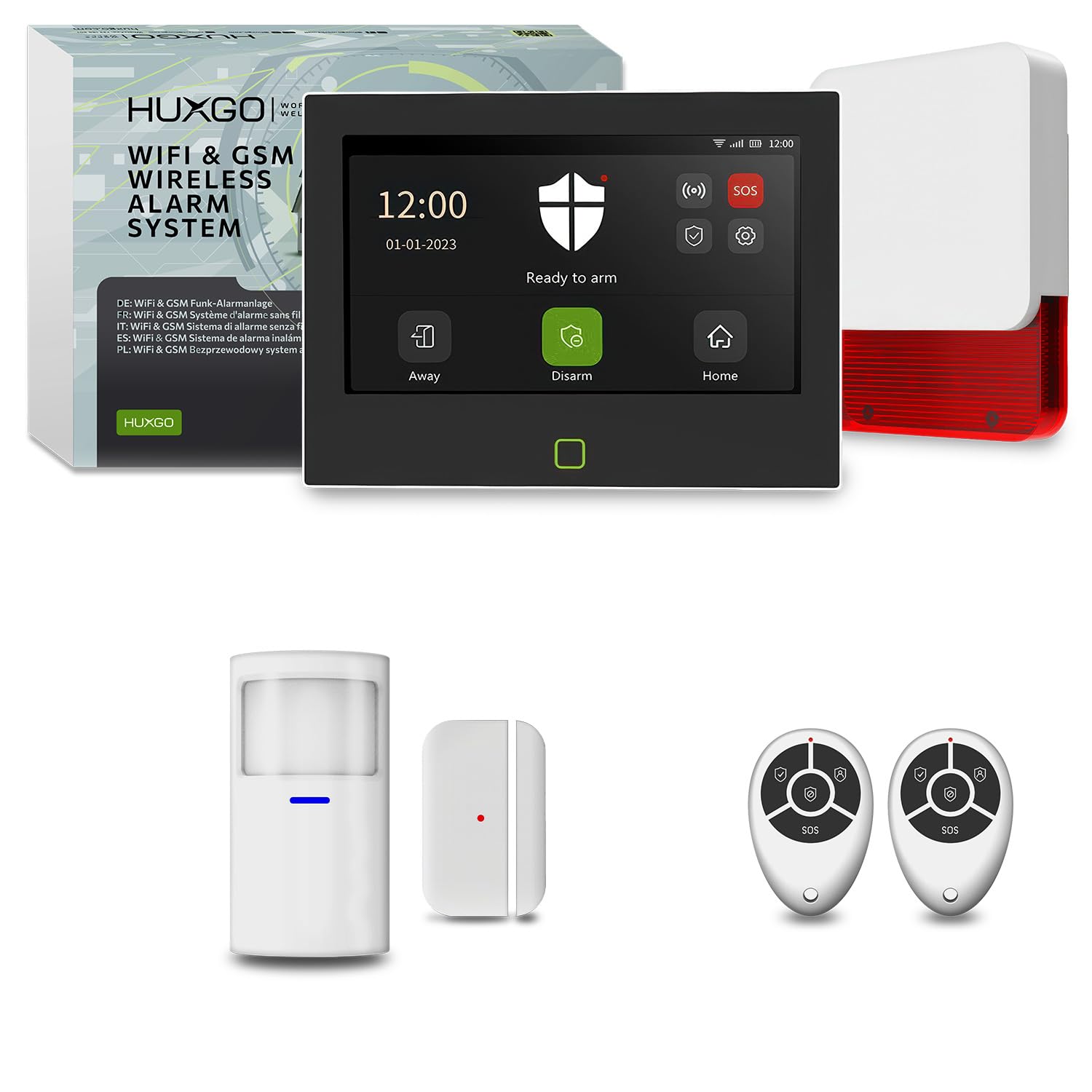 Zestaw alarmowy bezprzewodowy WiFi + GSM 4G z syreną zewnętrzną | System alarmowy do domu, 5000 mAh bateria, 1x czujnik ruchu, 1x czujnik okna/drzwi | Sterowanie telefonem, model HXA700