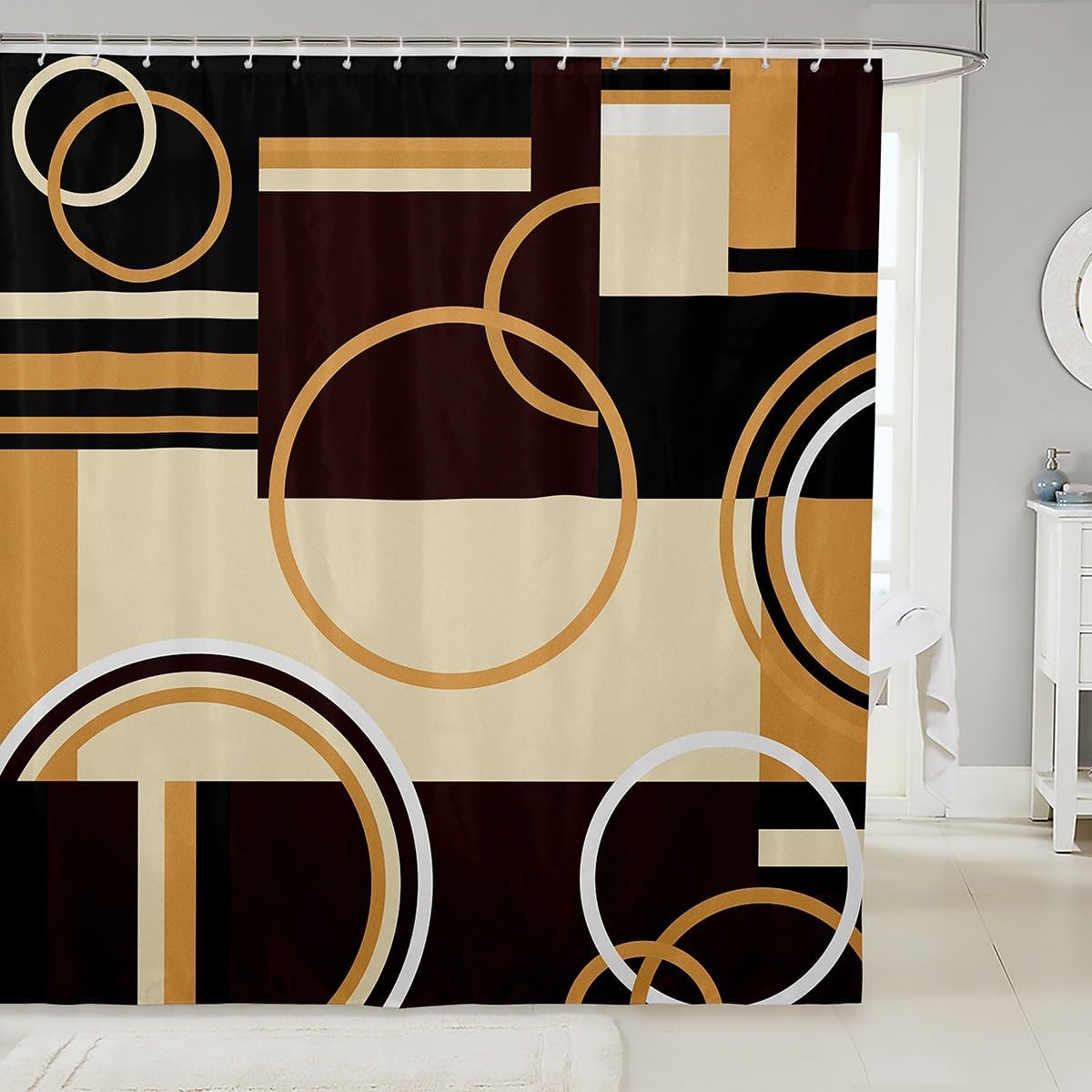 Erosebridal Modern Geometric Shower Curtain Brown Black Stripes Bath Curtain for Kids Adult Retro Circle Swirls Bathtub Shower Curtain Room Decor Abstract Texture Color Art Curtain 72" W x 78" L