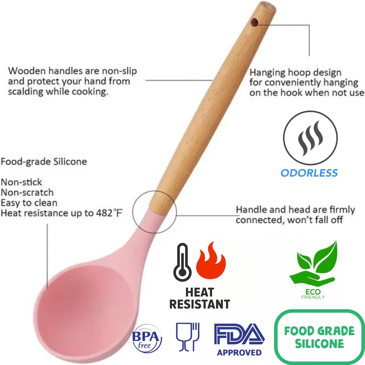 AHASON'S Set di 33 utensili da cucina in silicone antiaderente con supporto, manico in legno resistente al calore, set di utensili da cucina in silicone
