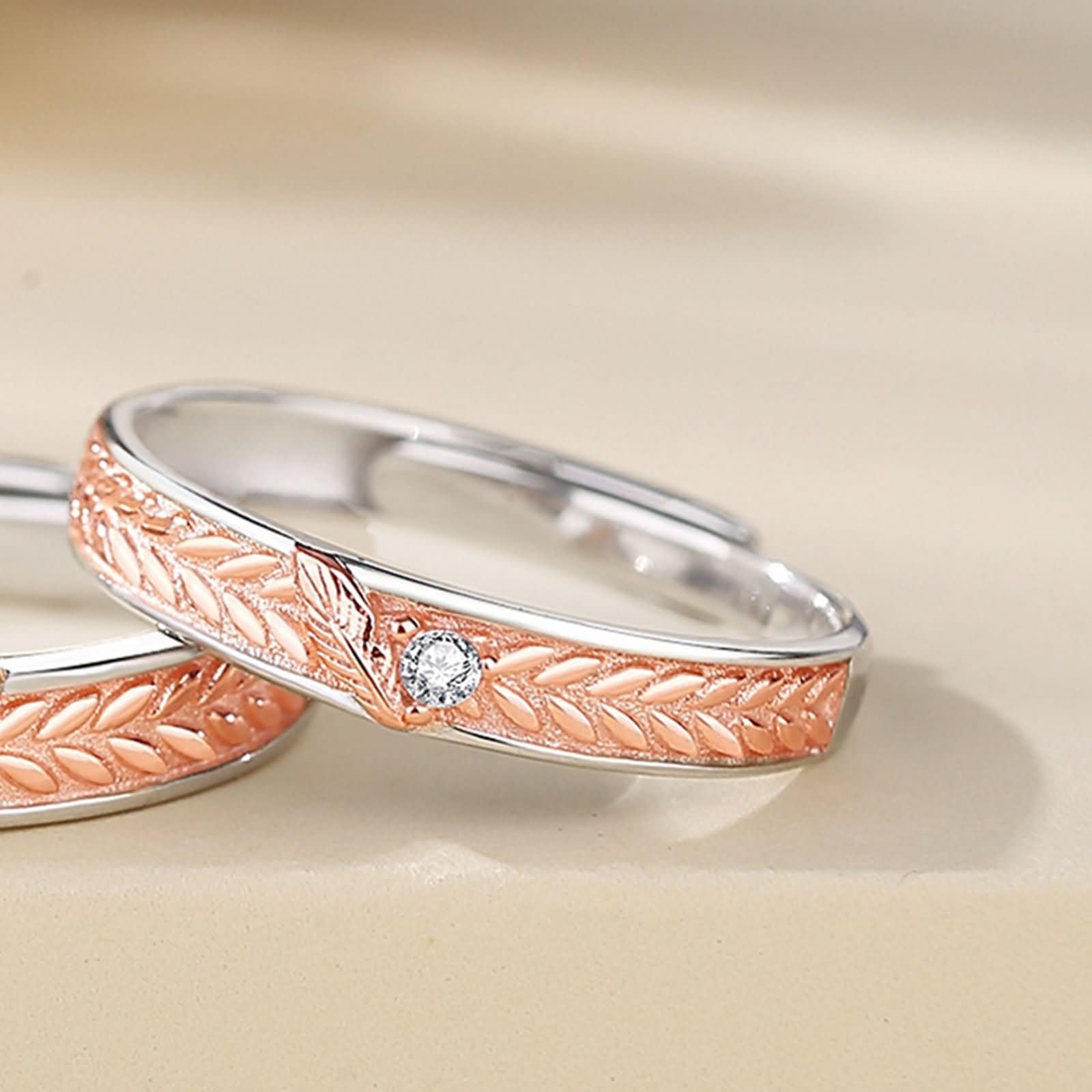Sterling maßgeschneiderte Versprechensblätter mit Zirkonia, verstellbare Eheringe für Männer und Frauen Silber Roségold
