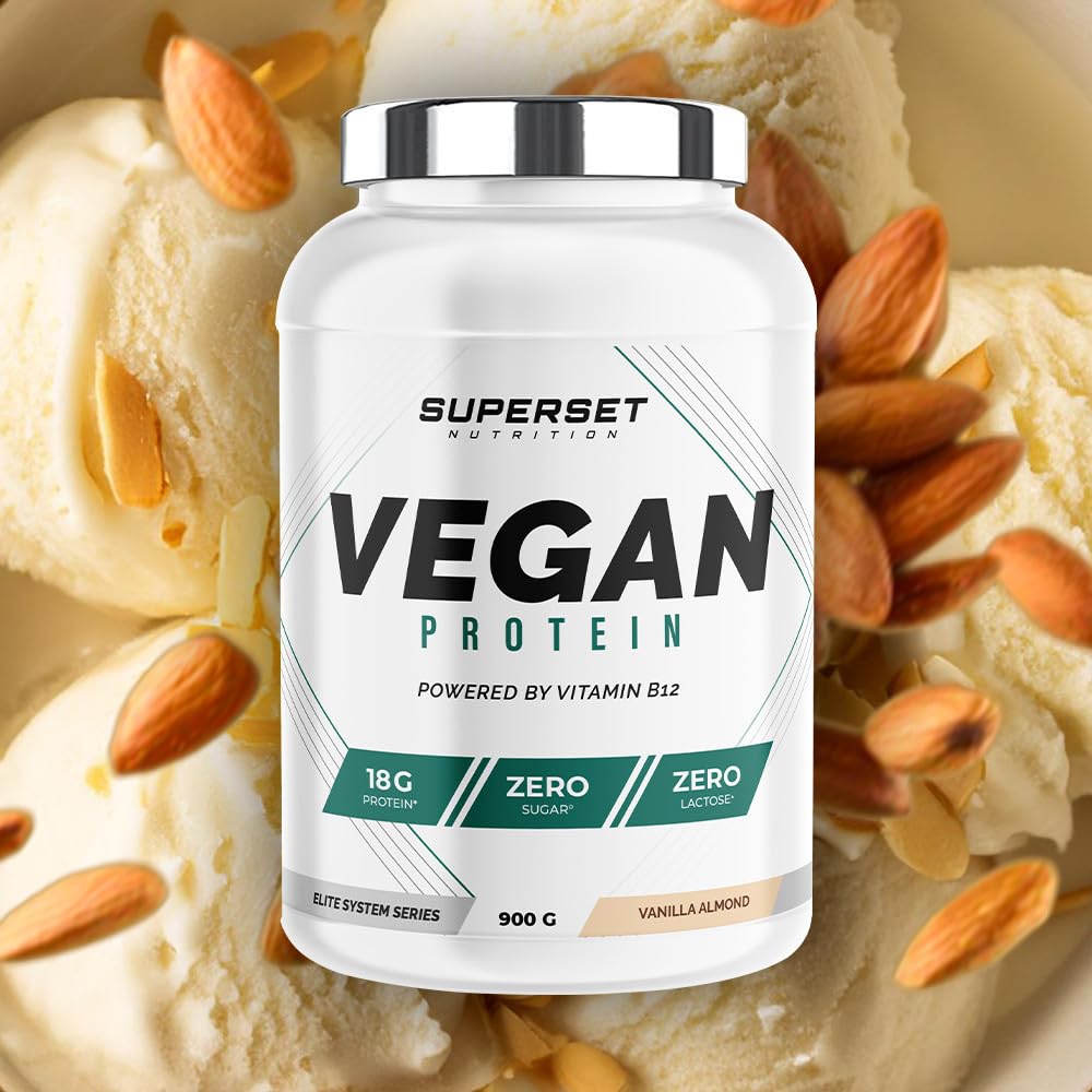 Superset Nutrition - 100% Vegan Protein (900g) - Mix de protéines végétales - A base de Pois, Riz, Coco et Citrouille + Vitamine B12 - La meilleure alternative à la whey classique - Amande et Vanille