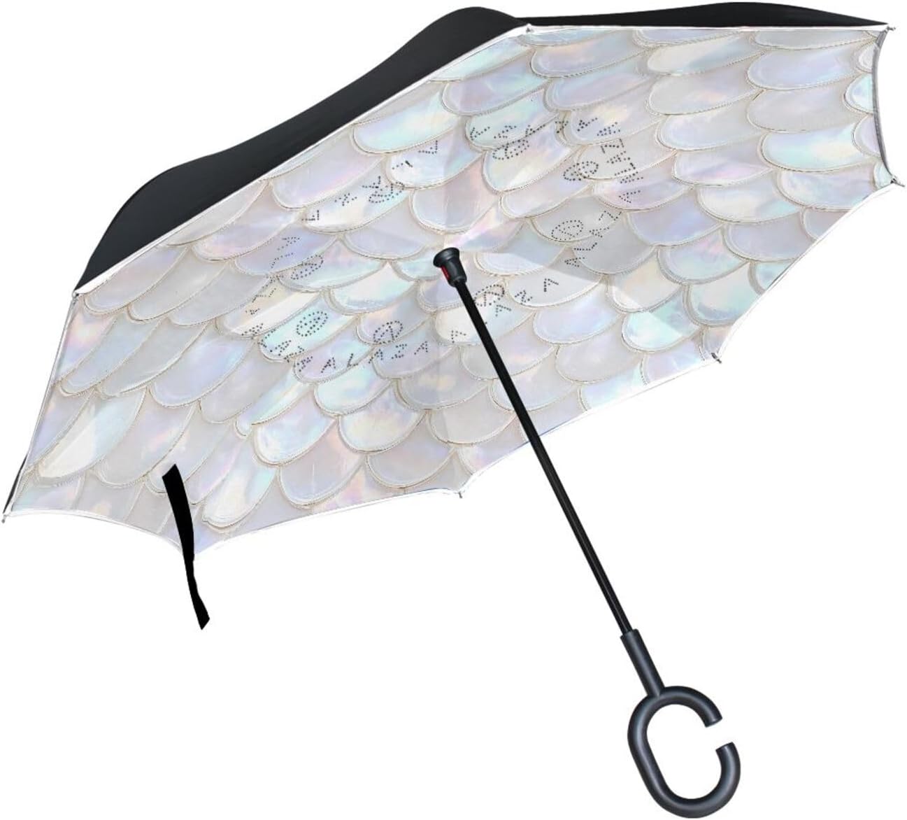 White Mermaid Scale Inverted Umbrellas for Rain Windproof Reverse Upside Down Golf Umbrella with C-shape Handle for Men Women