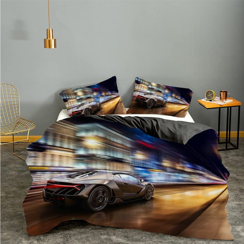 Housse de couette 240x260 voiture de sport beige en microfibre avec 2 taies d'oreiller