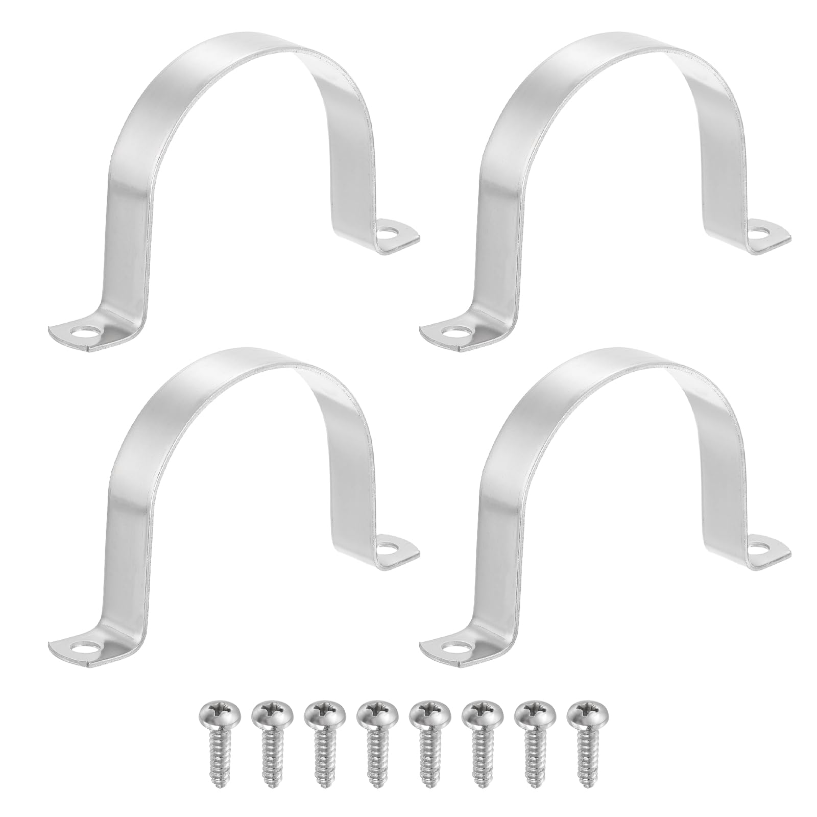 sourcing map 4Pcs 76mm Pipe Clips, 304 Stainless Steel Pipe Clamps Two Hold U-Shaped Bracket Tension Tube Strap for Fixing Tube Cable, Silver
