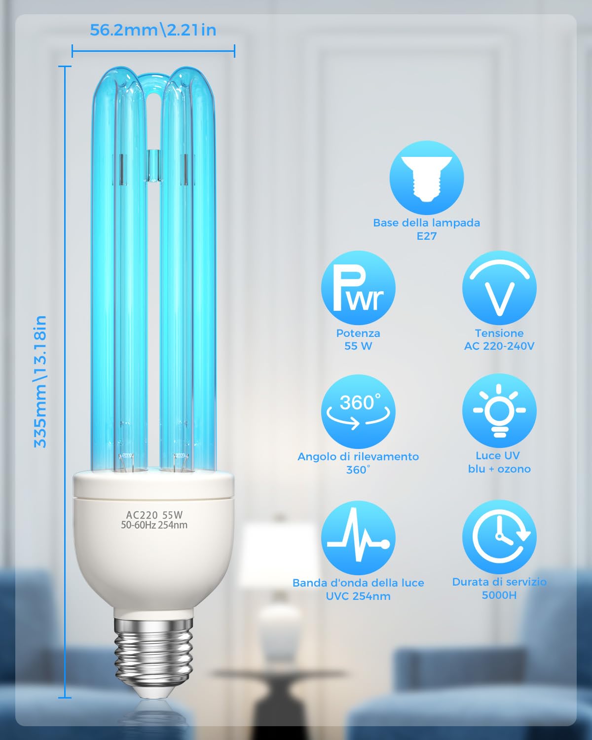 Lampada UV Ozono 55W Lampada Germicida Raggi UVC E27 254nm con Tubo al Quarzo Brine Ozono Contro Batteri Virus e Acari AC220-240V per Case, Lavatoi, Uffici, Ristoranti e Scuola Aria fresca