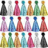 Plukeen 20 Pack Glitter Cone Party Hats Colorful Leather Birthday Party Hat with Pompom for Kids Adults Pets Birthday Christmas New Year Holiday Party Favors, 10 Colors